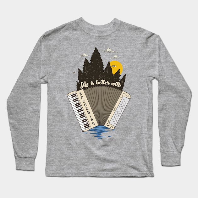 Vintage Accordion Player Instrument Landscape Art Long Sleeve T-Shirt by USProudness